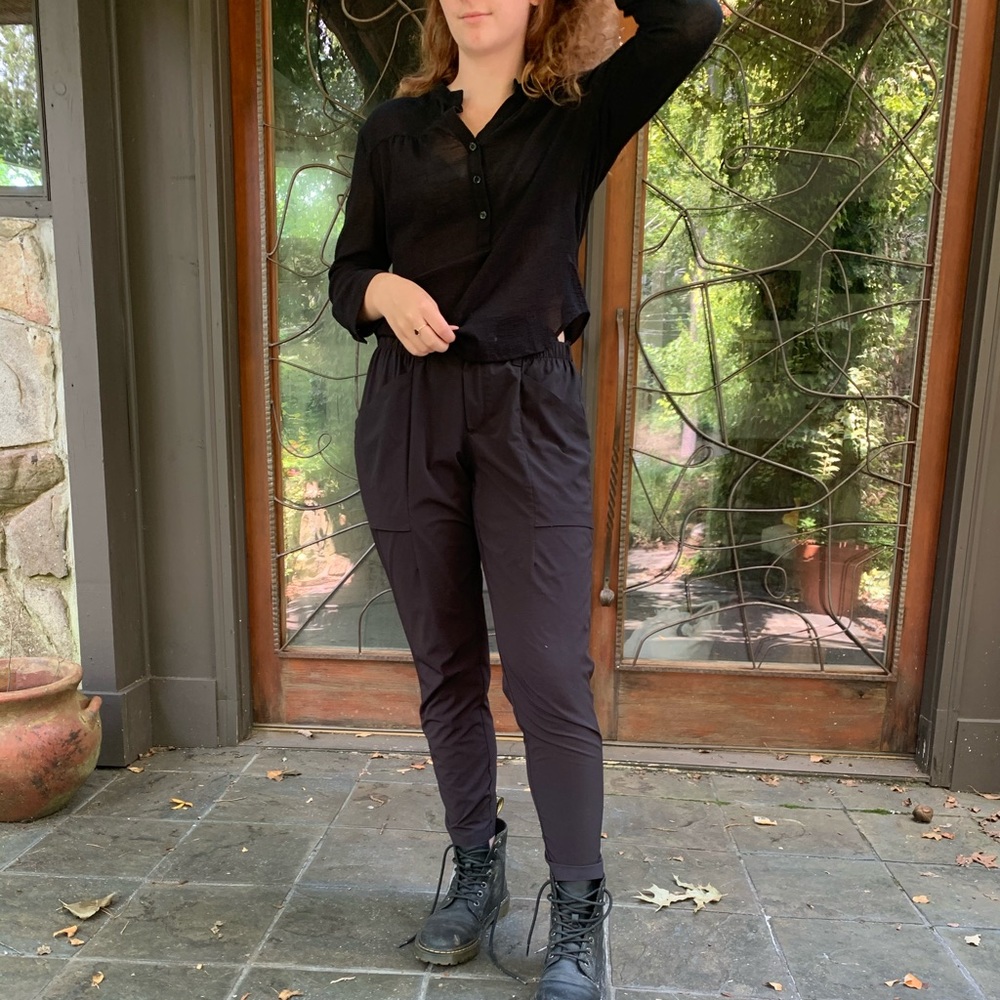 BCBGMaxAzria black button-up semi sheer blouse